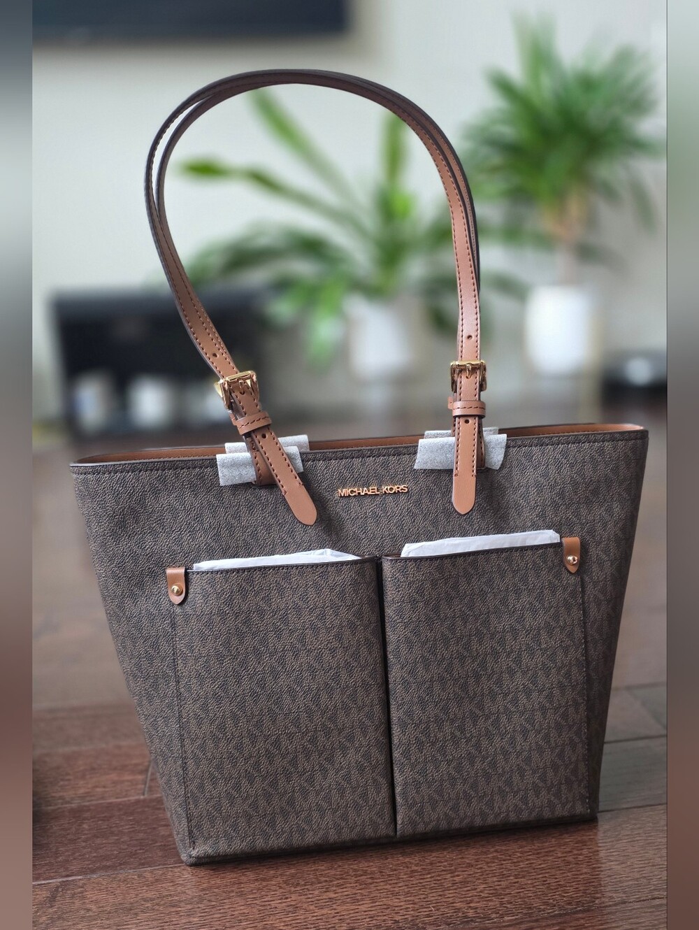 NWT Michael Kors Brown Signature Logo Tote Bag with Front Pockets